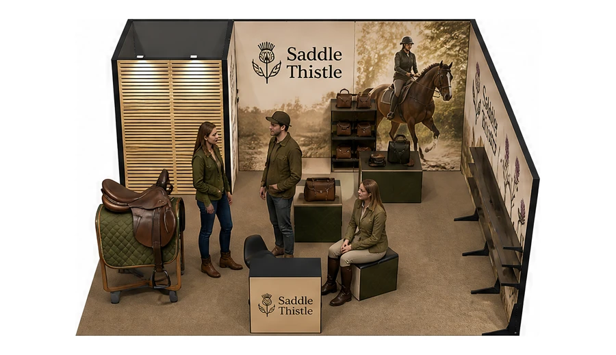 Stoisko 6 × 6 m narożne prawe dla branży jeździectwo, przykładowa marka Saddle Thistle