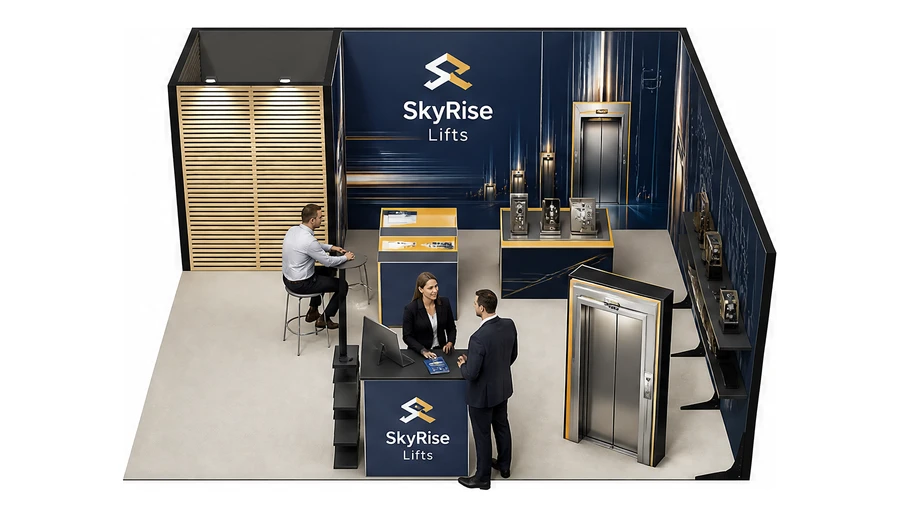 Stoisko 6 × 6 m narożne prawe dla branży dźwigi i windy, przykładowa marka SkyRise Lifts