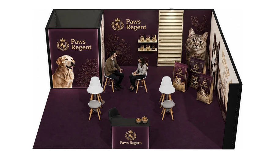 Stoisko 6 × 6 m narożne prawe dla branży karma dla zwierząt, przykładowa marka Paws Regent