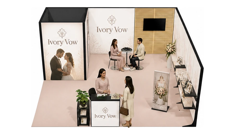 Stoisko 6 × 6 m narożne prawe dla branży branża ślubna, przykładowa marka Ivory Vow