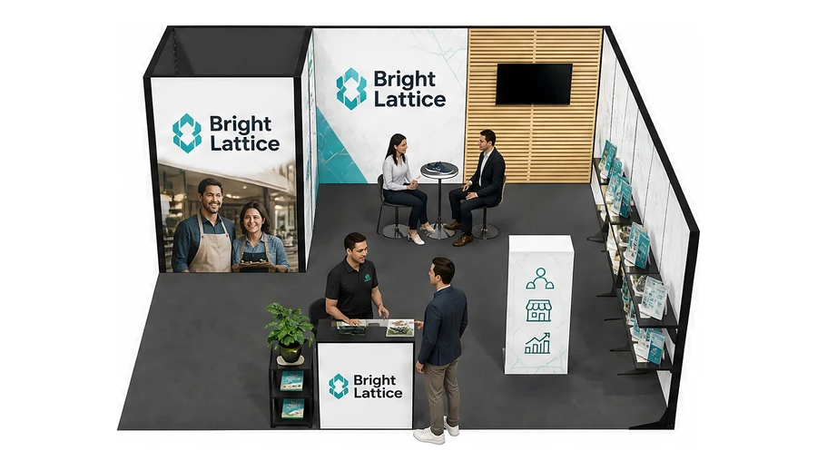 Stoisko 6 × 6 m narożne prawe dla branży franczyza i sieci, przykładowa marka Bright Lattice