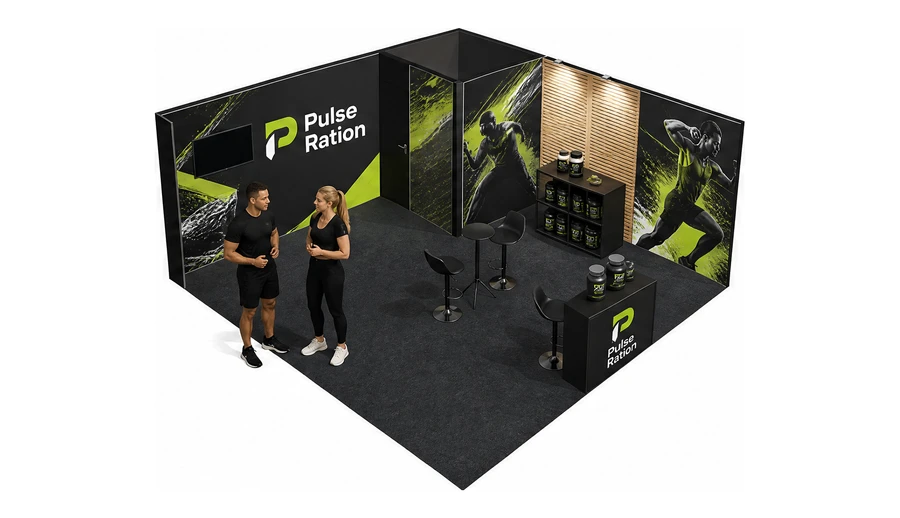 Stoisko 6 × 6 m narożne prawe dla branży suplementy diety, przykładowa marka Pulse Ration