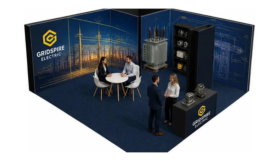 Stoisko 6 × 6 m narożne prawe dla branży energetyka i sieci, przykładowa marka Gridspire Electric