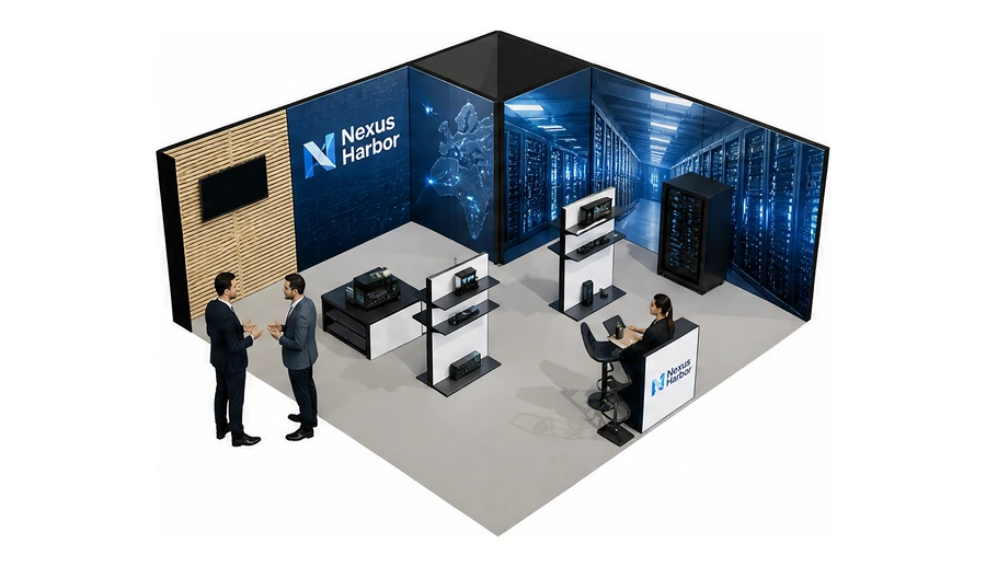 Stoisko 6 × 6 m narożne prawe dla branży infrastruktura IT i data center, przykładowa marka Nexus Harbor