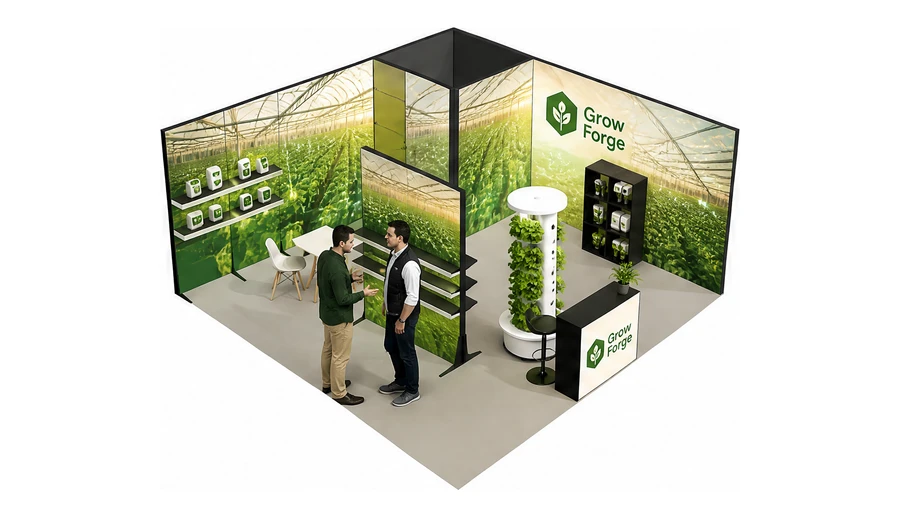 Stoisko 6 × 6 m narożne prawe dla branży sadownictwo i warzywnictwo, przykładowa marka Grow Forge
