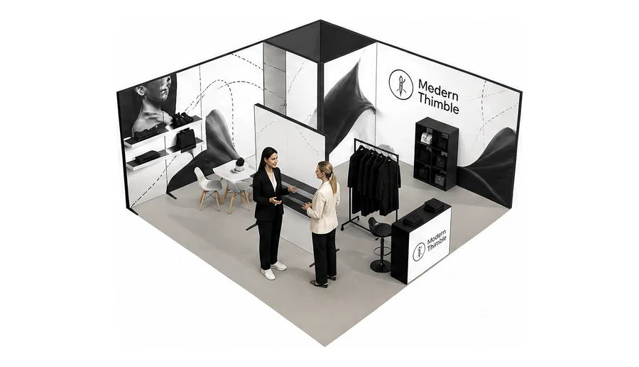 Stoisko 6 × 6 m narożne prawe dla branży odzież i moda, przykładowa marka Modern Thimble