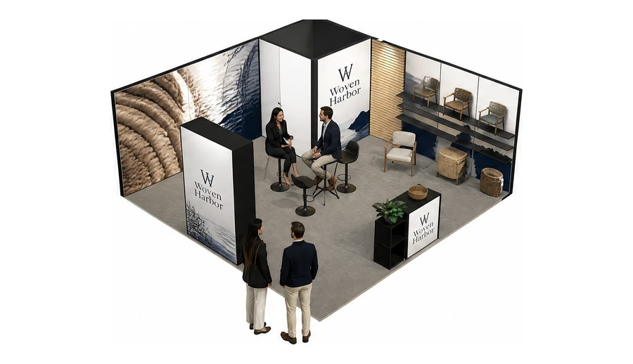 Stoisko 6 × 6 m narożne prawe dla branży meble designerskie, przykładowa marka Woven Harbor
