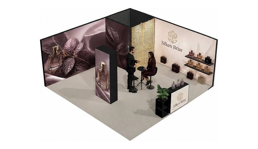 Stoisko 6 × 6 m narożne prawe dla branży perfumy, przykładowa marka Silken Briar