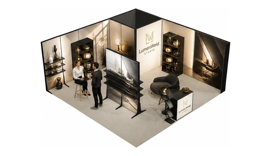 Stoisko 6 × 6 m narożne prawe dla branży meble designerskie, przykładowa marka LumenWeld Studio