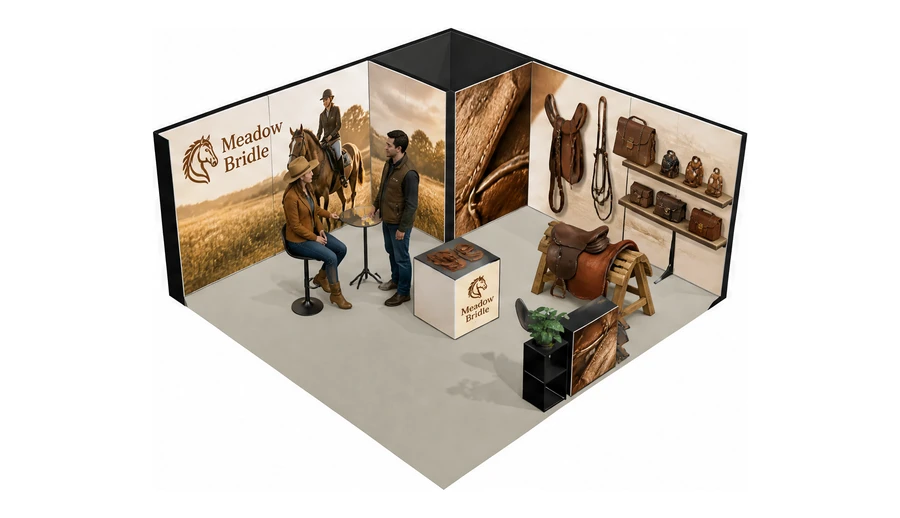 Stoisko 6 × 6 m narożne prawe dla branży jeździectwo, przykładowa marka Meadow Bridle