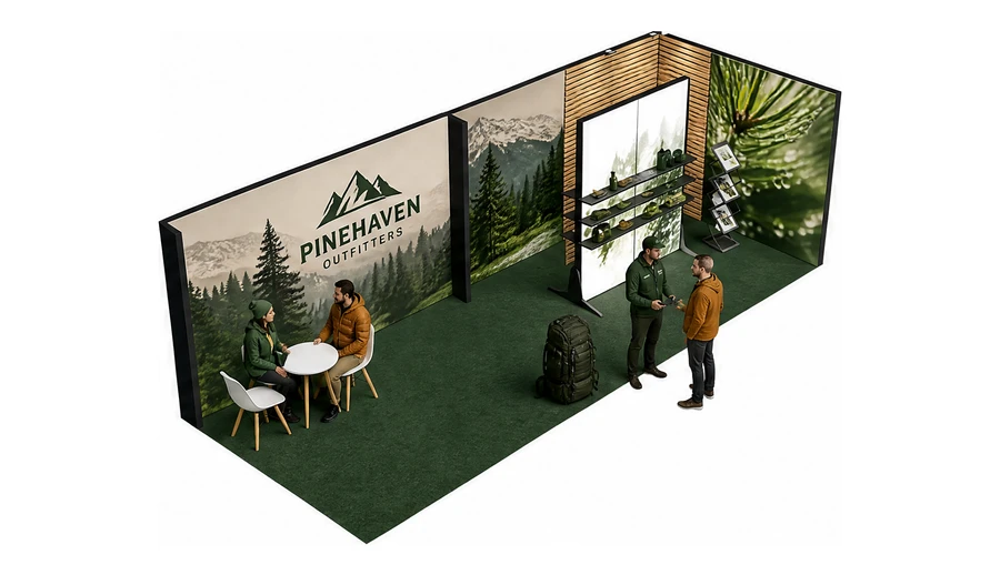 Stoisko 8 × 3 m narożne prawe dla branży odzież i sprzęt outdoorowy, przykładowa marka Pinehaven Outfitters