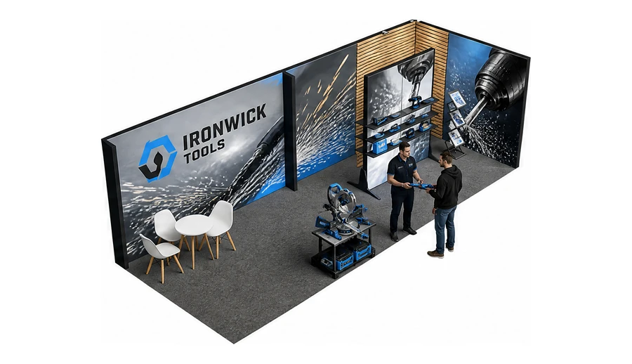 Stoisko 8 × 3 m narożne prawe dla branży elektronarzędzia, przykładowa marka Ironwick Tools