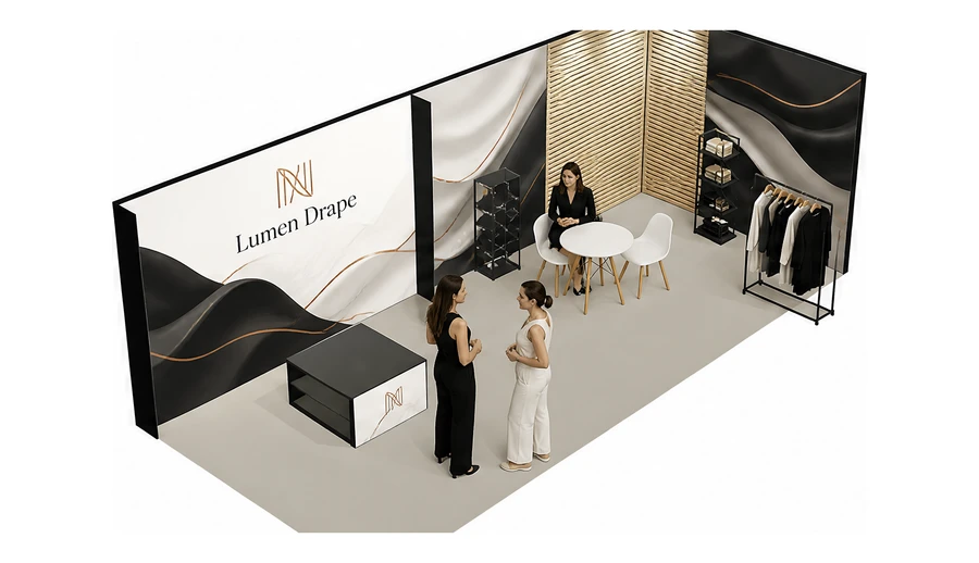 Stoisko 8 × 3 m narożne prawe dla branży odzież i moda, przykładowa marka Lumen Drape