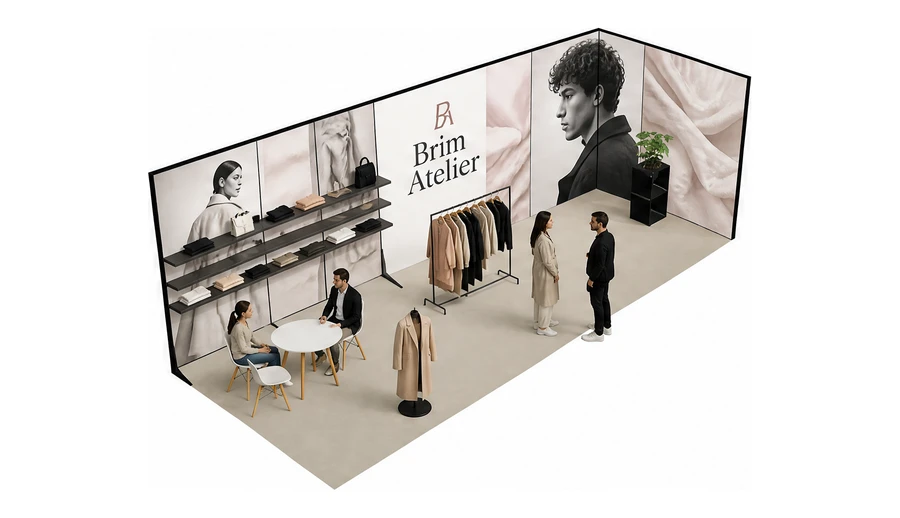 Stoisko 8 × 3 m narożne prawe dla branży odzież i moda, przykładowa marka Brim Atelier