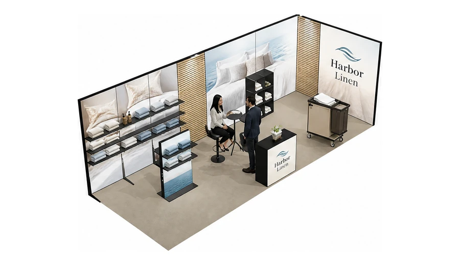 Stoisko 8 × 3 m narożne prawe dla branży wyposażenie hoteli, przykładowa marka Harbor Linen