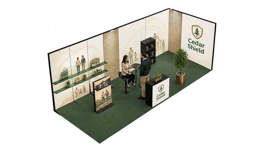 Stoisko 8 × 3 m narożne prawe dla branży ubezpieczenia, przykładowa marka Cedar Shield