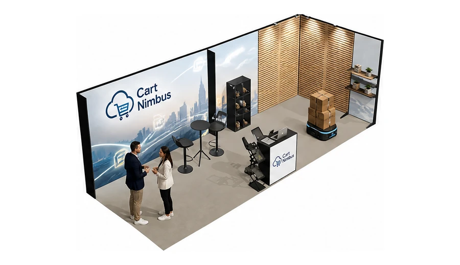 Stoisko 8 × 3 m narożne prawe dla branży e-commerce, przykładowa marka Cart Nimbus