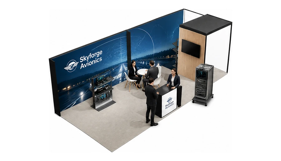 Stoisko 8 × 3 m narożne prawe dla branży lotnictwo, przykładowa marka Skyforge Avionics
