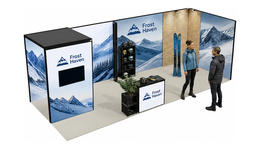 Stoisko 8 × 3 m narożne prawe dla branży narciarstwo i sporty zimowe, przykładowa marka Frost Haven