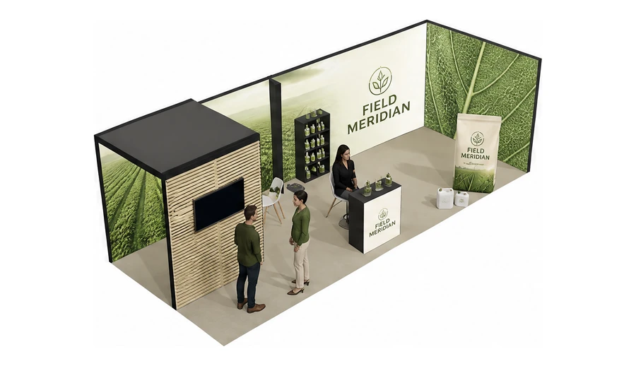 Stoisko 8 × 3 m narożne prawe dla branży nawozy i ochrona roślin, przykładowa marka Field Meridian