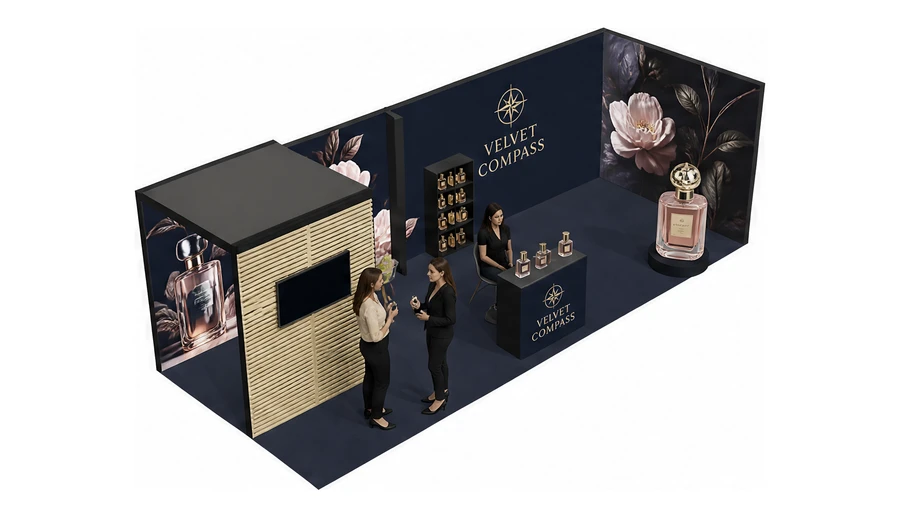 Stoisko 8 × 3 m narożne prawe dla branży perfumy, przykładowa marka Velvet Compass