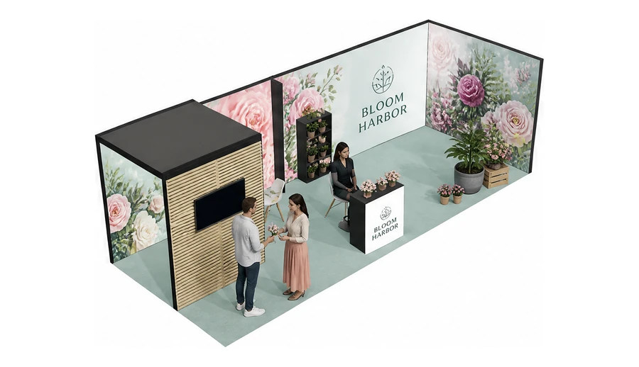 Stoisko 8 × 3 m narożne prawe dla branży rośliny i kwiaciarstwo, przykładowa marka Bloom Harbor