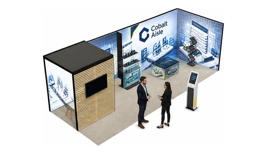 Stoisko 8 × 3 m narożne prawe dla branży technologie dla handlu, przykładowa marka Cobalt Aisle
