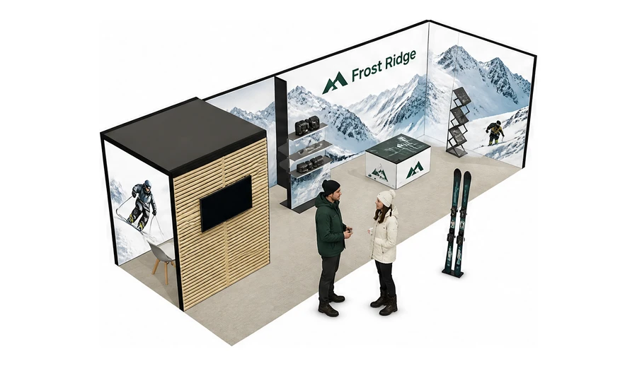 Stoisko 8 × 3 m narożne prawe dla branży narciarstwo i sporty zimowe, przykładowa marka Frost Ridge