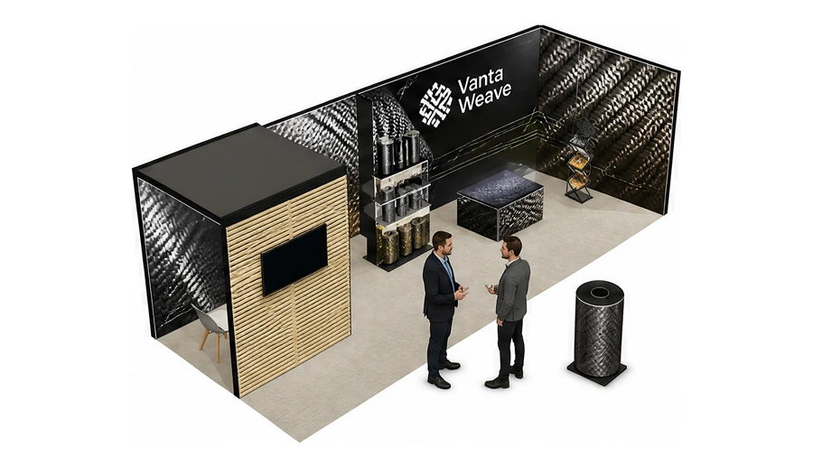 Stoisko 8 × 3 m narożne prawe dla branży materiały kompozytowe, przykładowa marka Vanta Weave