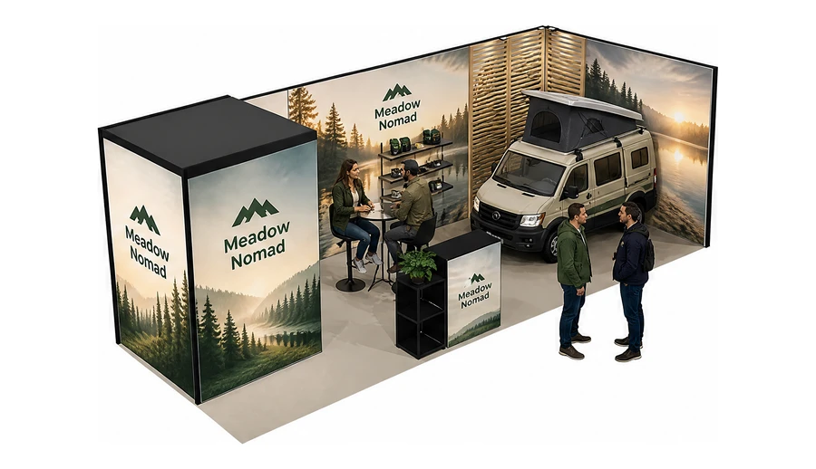 Stoisko 8 × 3 m narożne prawe dla branży caravaning i kampery, przykładowa marka Meadow Nomad