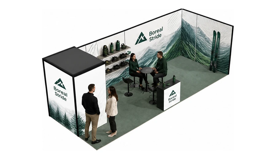 Stoisko 8 × 3 m narożne prawe dla branży sprzęt sportowy, przykładowa marka Boreal Stride