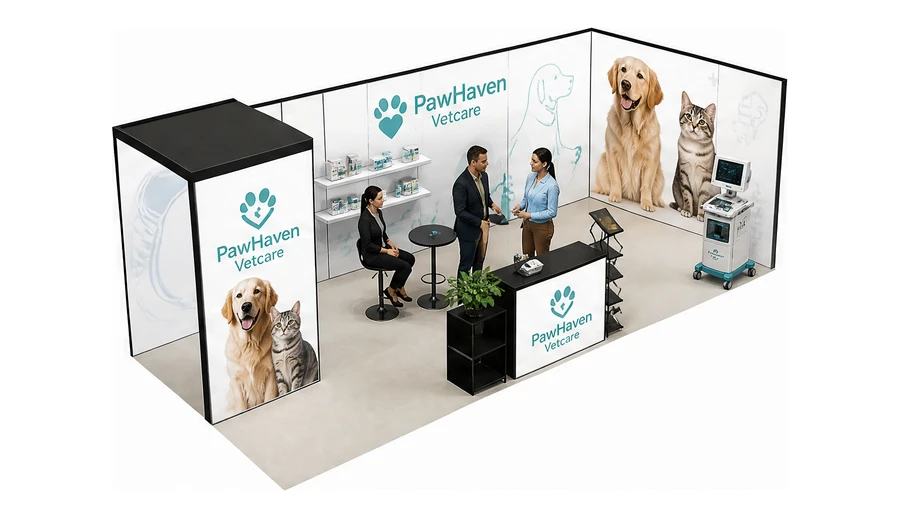 Stoisko 8 × 3 m narożne prawe dla branży weterynaria, przykładowa marka PawHaven Vetcare