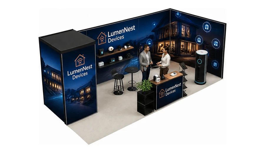 Stoisko 8 × 3 m narożne prawe dla branży smart home i IoT, przykładowa marka LumenNest Devices