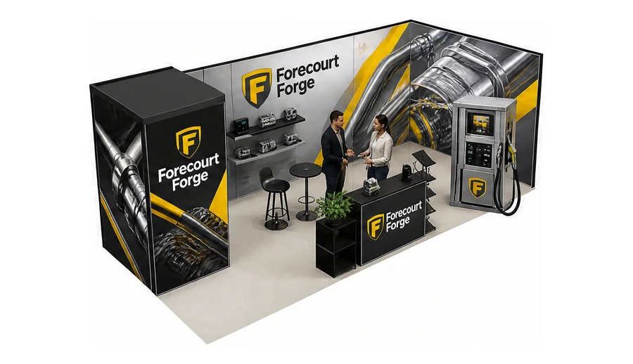 Stoisko 8 × 3 m narożne prawe dla branży stacje paliw, przykładowa marka Forecourt Forge