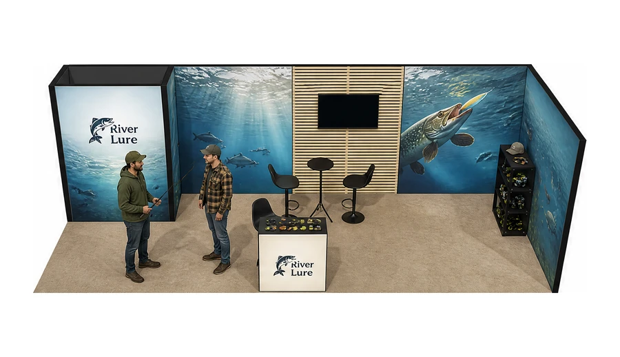 Stoisko 8 × 3 m narożne prawe dla branży wędkarstwo, przykładowa marka River Lure