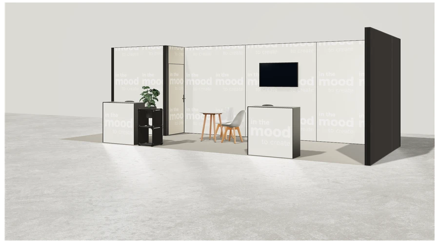 Widok prezentacyjny stoiska targowego stoisko narozne prawe 8x3 m100 led z zapleczem z1 r0 s0 l1 e1 p0 w0 m0 g0 a4 v2a o2