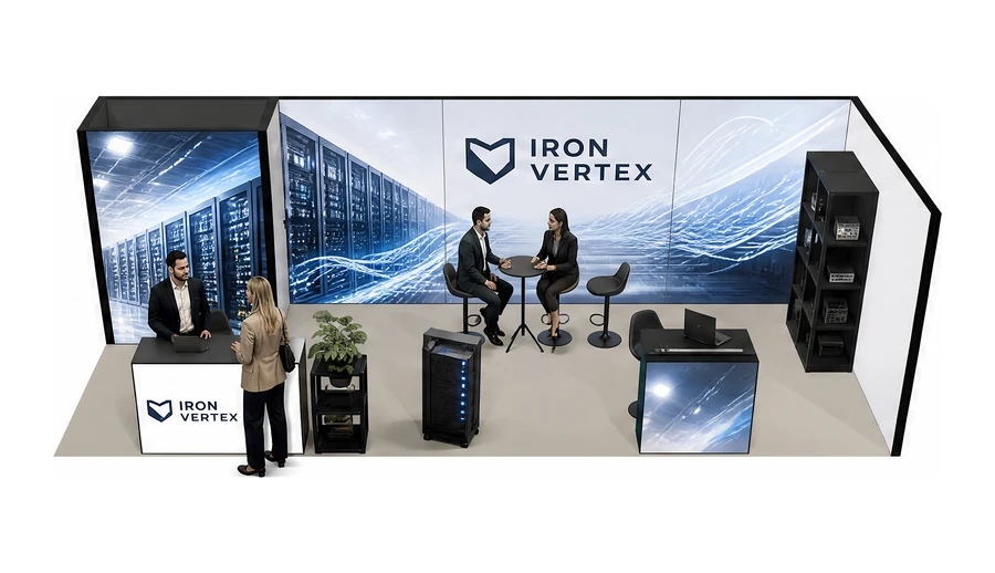 Stoisko 8 × 3 m narożne prawe dla branży infrastruktura IT i data center, przykładowa marka Iron Vertex