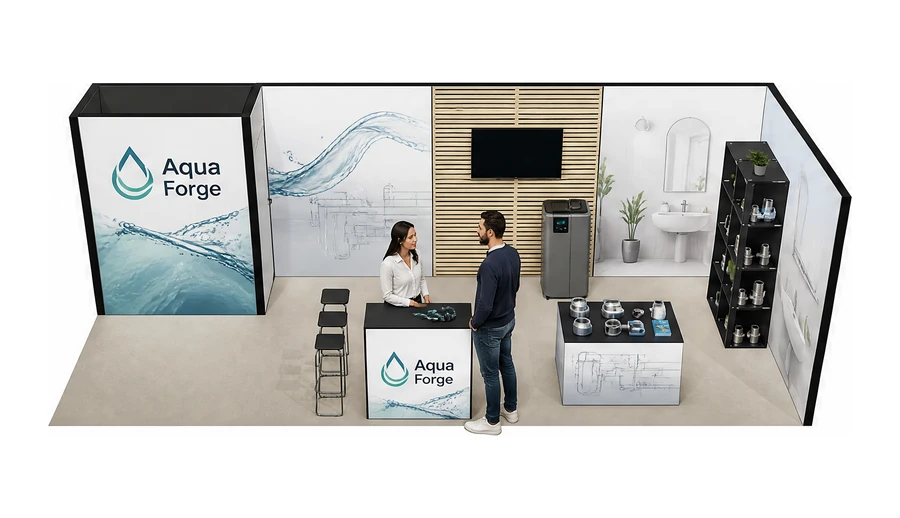 Stoisko 8 × 3 m narożne prawe dla branży instalacje wodno-kanalizacyjne, przykładowa marka Aqua Forge