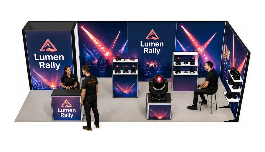 Stoisko 8 × 3 m narożne prawe dla branży branża eventowa, przykładowa marka Lumen Rally