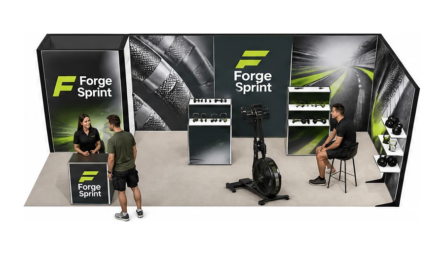 Stoisko 8 × 3 m narożne prawe dla branży fitness i siłownie, przykładowa marka Forge Sprint