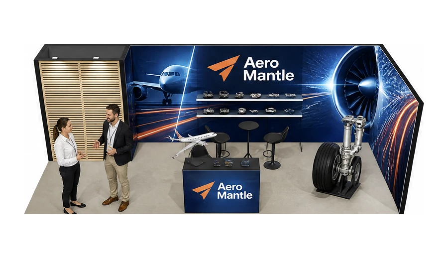 Stoisko 8 × 3 m narożne prawe dla branży lotnictwo, przykładowa marka Aero Mantle