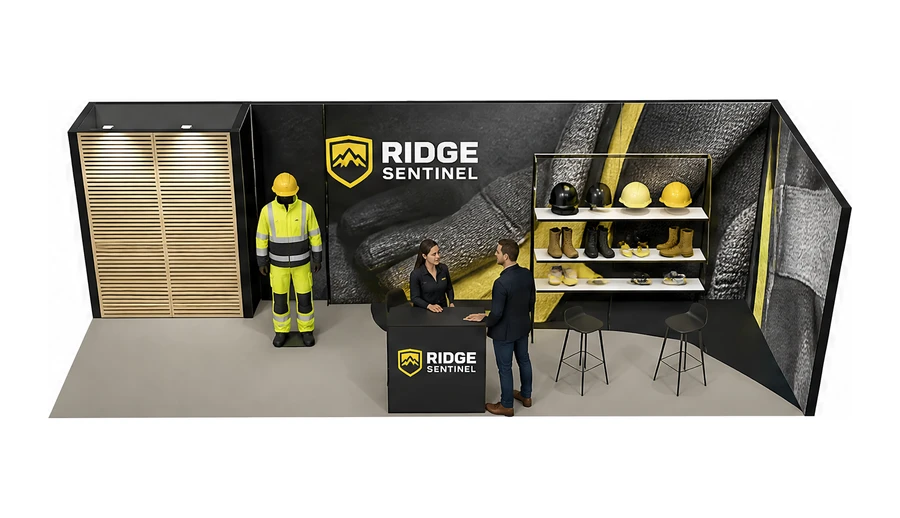 Stoisko 8 × 3 m narożne prawe dla branży BHP i odzież ochronna, przykładowa marka Ridge Sentinel