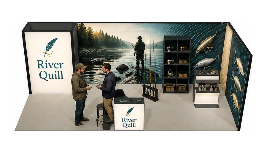 Stoisko 8 × 3 m narożne prawe dla branży wędkarstwo, przykładowa marka River Quill