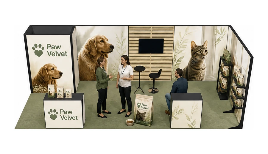 Stoisko 8 × 3 m narożne prawe dla branży karma dla zwierząt, przykładowa marka Paw Velvet