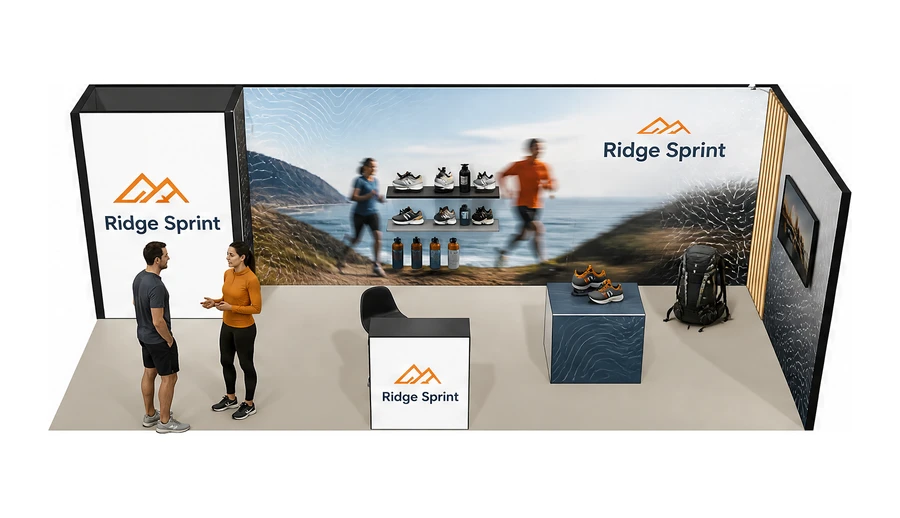 Stoisko 8 × 3 m narożne prawe dla branży sprzęt sportowy, przykładowa marka Ridge Sprint