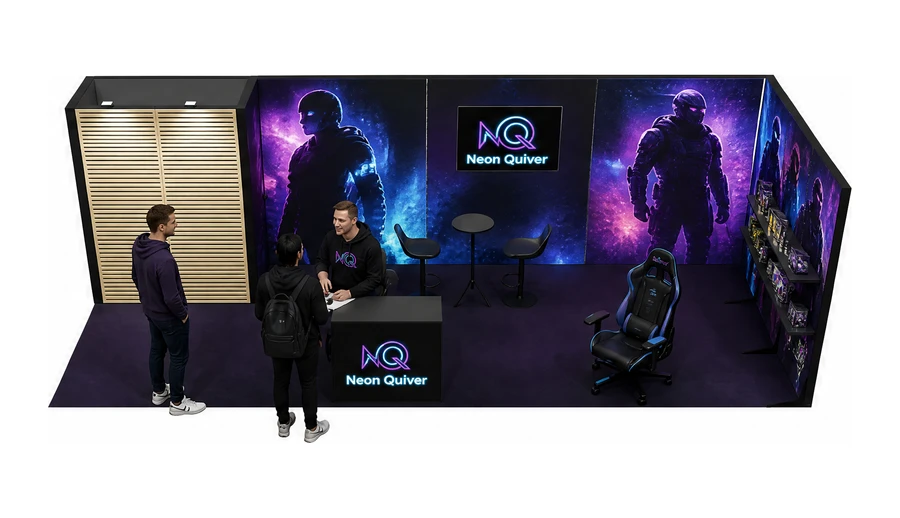 Stoisko 8 × 3 m narożne prawe dla branży gry wideo, przykładowa marka Neon Quiver