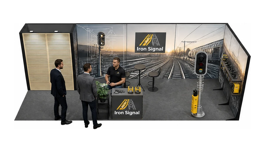 Stoisko 8 × 3 m narożne prawe dla branży kolej i tabor, przykładowa marka Iron Signal