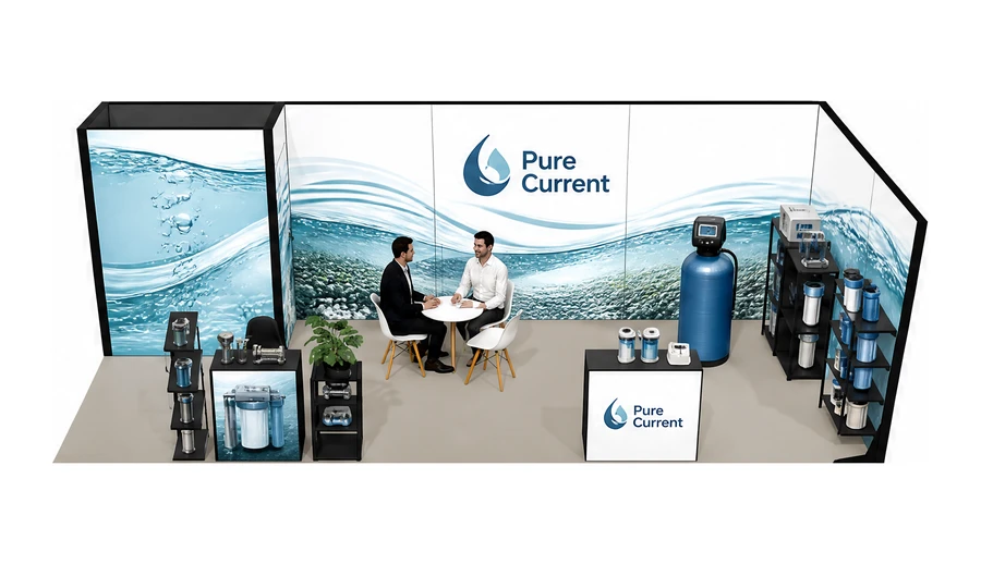 Stoisko 8 × 3 m narożne prawe dla branży technologie wodne, przykładowa marka Pure Current