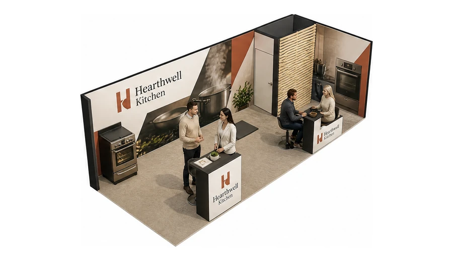 Stoisko 8 × 3 m narożne prawe dla branży sprzęt kuchenny i AGD, przykładowa marka Hearthwell Kitchen