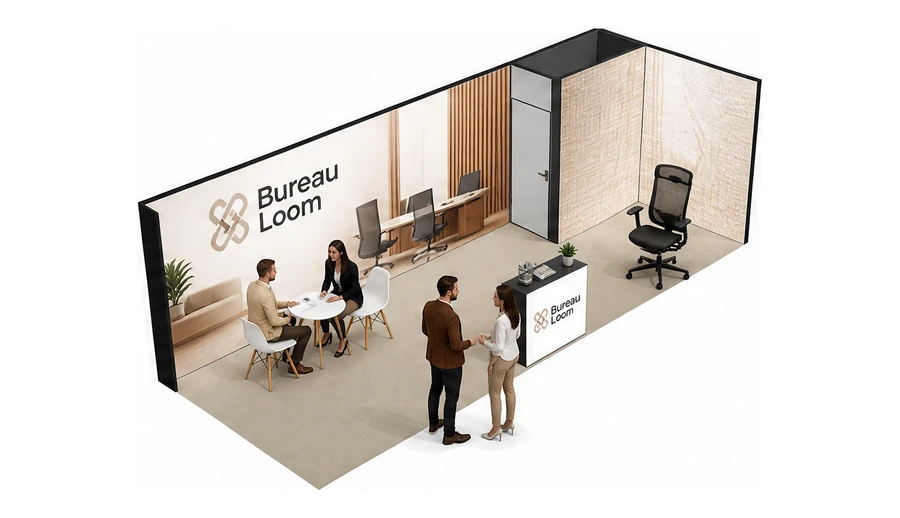 Stoisko 8 × 3 m narożne prawe dla branży meble biurowe, przykładowa marka Bureau Loom